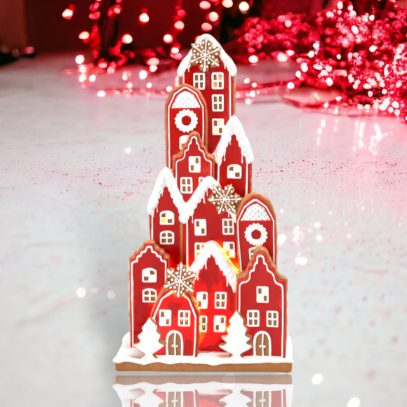 8&quot; LED Red Stacked Gingerbread Village Christmas Decor *SHIPS WITHIN 15 DAYS*