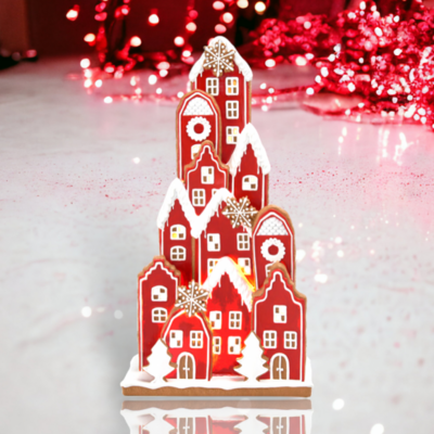 8&quot; LED Red Stacked Gingerbread Village Christmas Decor *SHIPS WITHIN 15 DAYS*
