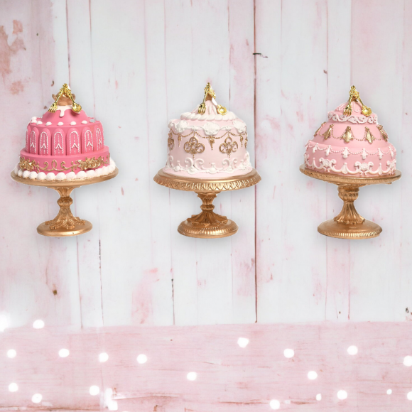Set Of 3 Pink Cakes on Gold Base Ornaments Christmas Decor