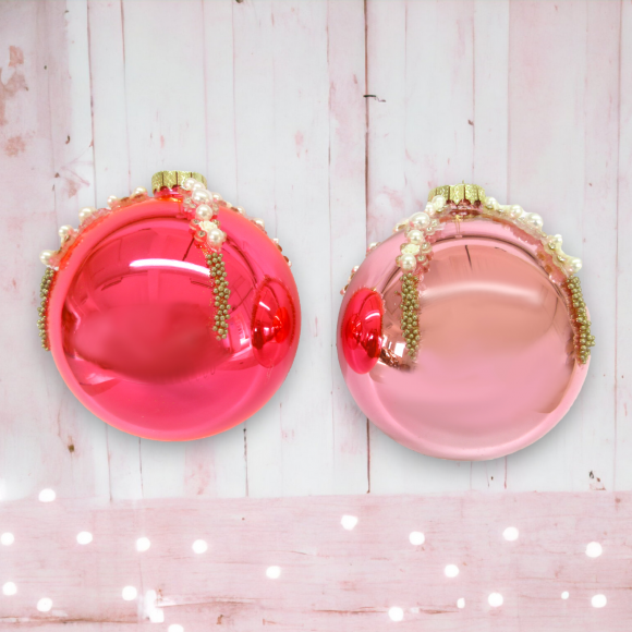 Set Of 2 Pearl Trim Pink Ornaments Christmas Decor *SHIPS WITHIN 15 DAYS*