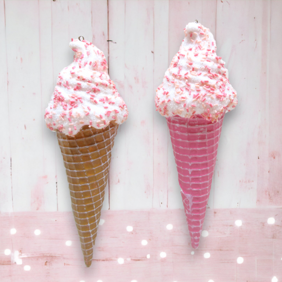 Set Of 2 Ice Cream Cone Ornaments Christmas Decor *SHIPS WITHIN 15 DAYS*