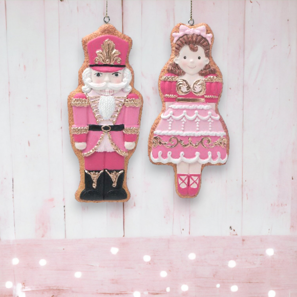 Set Of 2 Pink Dancer/Nutcracker Ornaments Christmas Decor