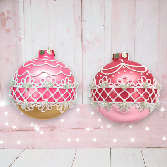 Set Of 2 Pink Piped Glass Ornaments Christmas Decor