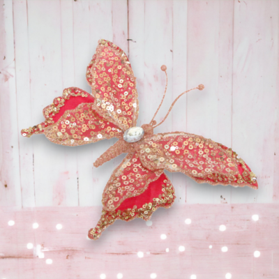 Pink Sequin Butterfly Ornaments Christmas Decor *SHIPS WITHIN 15 DAYS*