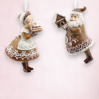 Set Of 2 Santa &amp; Mrs. Claus Gingerbread Ornaments Christmas Decor