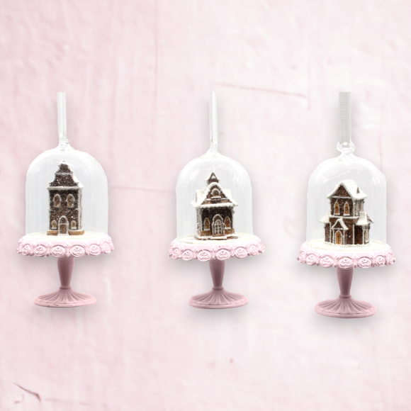 Set Of 3 Gingerbread Houses in Cloche Ornaments Christmas Decor *SHIPS WITHIN 15 DAYS*
