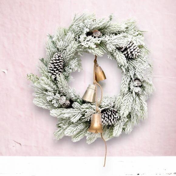 24in Flocked Pine Wreath With Bells Christmas Decor *SHIPS WITHIN 10 DAYS* NEW 2024