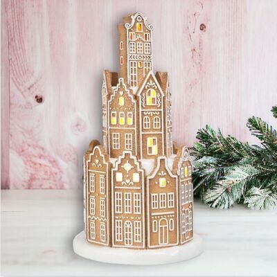 14.5in Gingerbread Tower with Red trimming Christmas Decor *SHIPS WITHIN 10 DAYS*