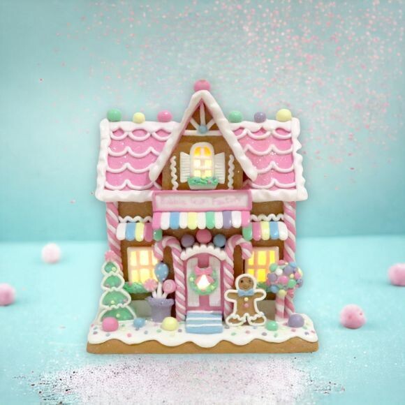 9&quot;  Pink Candy House With LED Bubble Gum Factory Christmas Decor *SHIPS WITHIN 10 DAYS* NEW 2024