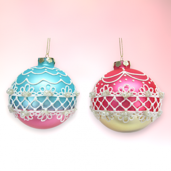 Set of 2 Mint/Pink Decorated Ball Ornaments Christmas Decor *SHIPS WITHIN 15 DAYS*