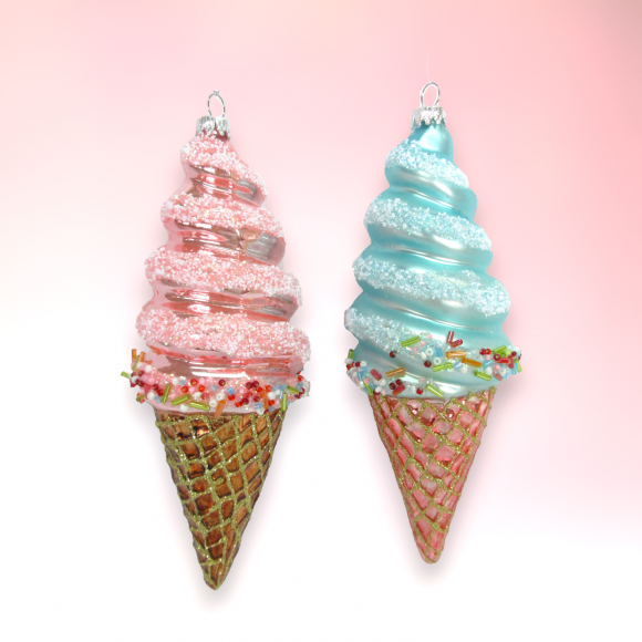 Set of 2 Pink/Blue Ice Cream Cones Ornaments Christmas Decor *SHIPS WITHIN 15 DAYS*