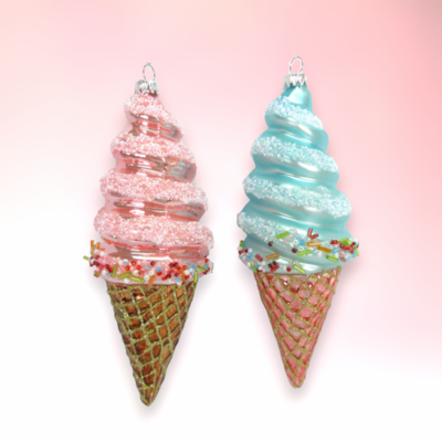 Set of 2 Pink/Blue Ice Cream Cones Ornaments Christmas Decor *SHIPS WITHIN 15 DAYS*