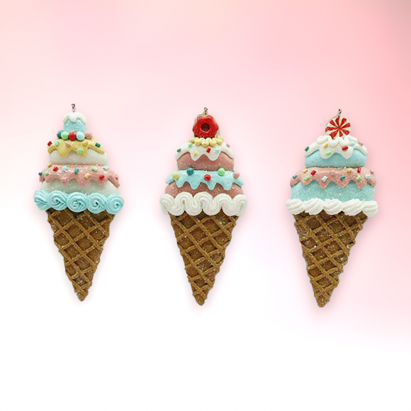 Set of 3 Ice Cream Cones Ornaments Christmas Decor