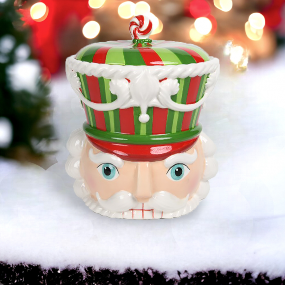 10&quot; Red/Green Nutcracker Head Cookie Jar Christmas Decor *SHIPS WITHIN 10 DAYS*