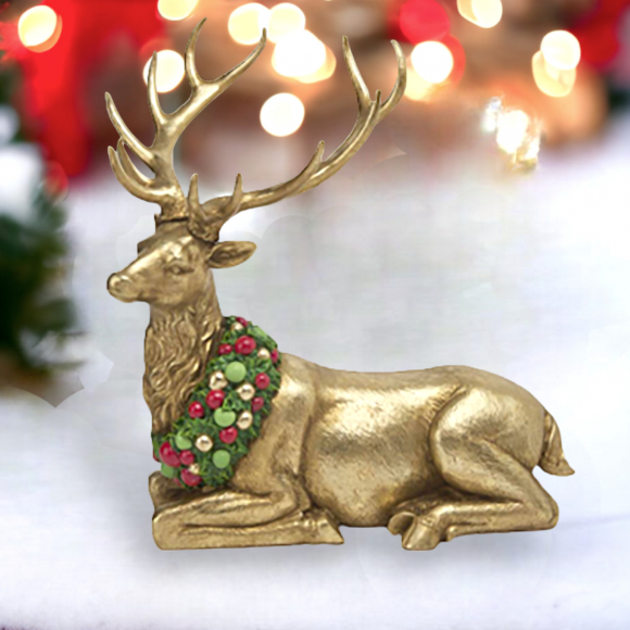 17&quot; Gold Deer Laying with Neck Wreath Christmas Decor *SHIPS WITHIN 15 DAYS*