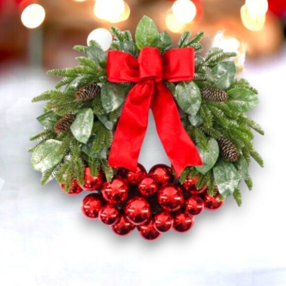 28in Wreath with Red Balls and Ribbon Christmas Decor*SHIPS WITHIN 10 DAYS* NEW 2024