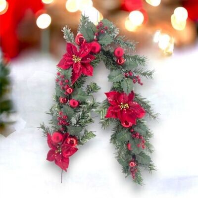60&quot; Evergreen with Red Poinsettia Garland Christmas Decor *SHIPS WITHIN 10 DAYS* NEW 2024