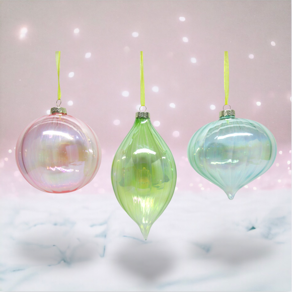 Set of 3 Pink/Green/Blue Iridescent Ornaments Christmas Decor *SHIPS WITHIN 10 DAYS* NEW 2024