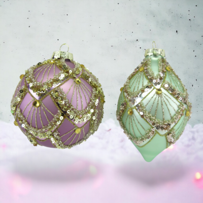 Set of 2 Purple/Green Gold Accent Ornaments Christmas Decor *SHIPS WITHIN 10 DAYS* NEW 2024