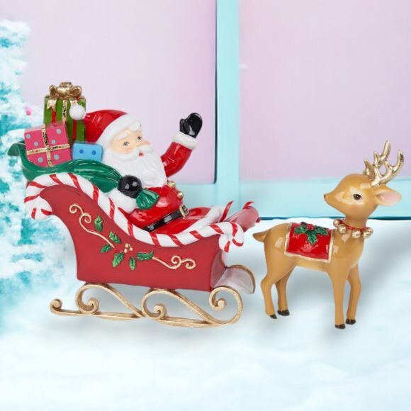 14&quot; Vintage Retro Santa with Reindeer in Sled Christmas Decor *SHIPS WITHIN 10 DAYS* NEW 2024