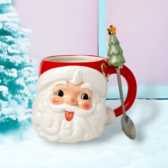 Vintage Retro Red Santa Head Mug With Spoon Christmas Decor *SHIPS WITHIN 15 DAYS*