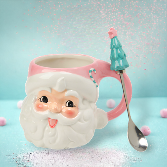 Vintage Retro Pink Santa Head Mug With Spoon Christmas Decor