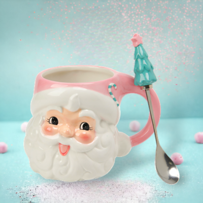 Vintage Retro Pink Santa Head Mug With Spoon Christmas Decor