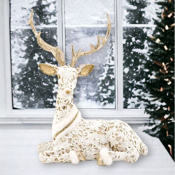19in White/Gold Deer Laying Christmas Decor *SHIPS WITHIN 10 DAYS* NEW 2024