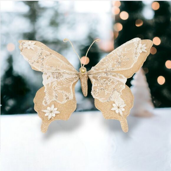 10.5&quot; Winter Lace Tan Butterfly Christmas Decor *SHIPS WITHIN 10 DAYS* NEW 2024