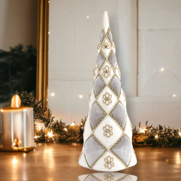 30&quot; Grey Harlequin Tree Cone Christmas Decor *SHIPS WITHIN 10 DAYS* NEW 2024