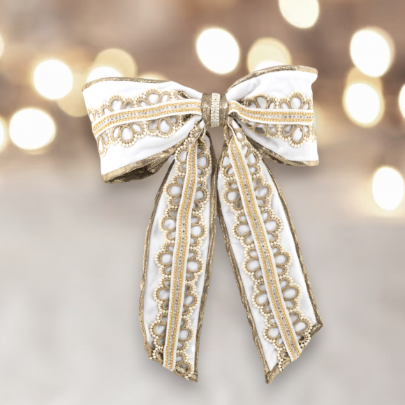 18&quot; White/Gold Hanging Bow Christmas Decor *SHIPS WITHIN 10 DAYS* NEW 2024