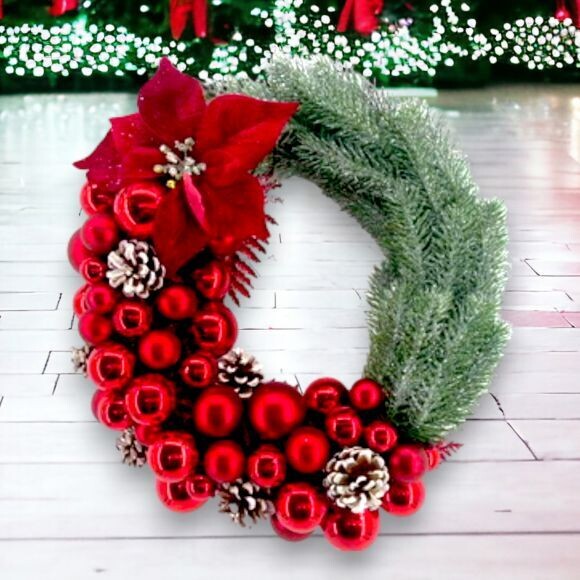 17in Spruce with Red Balls Wreath Christmas Decor *SHIPS WITHIN 10 DAYS* NEW 2024