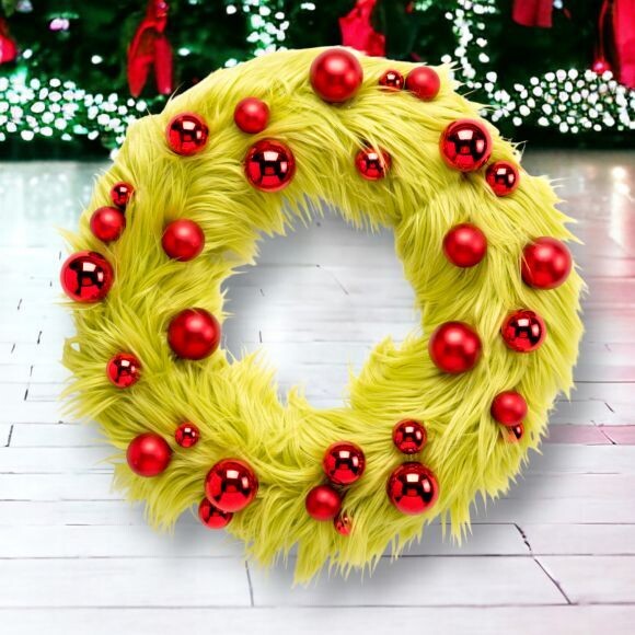 22in Green Fur with Red Ball Wreath Christmas Decor *SHIPS WITHIN 10 DAYS* NEW 2024