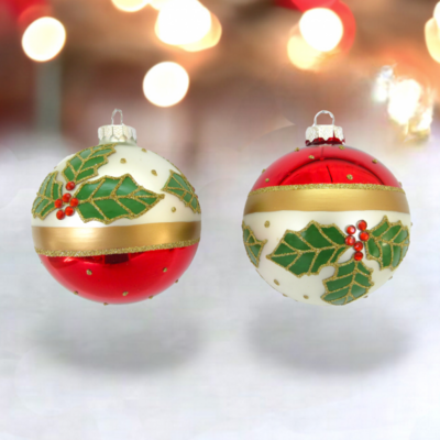 Set of 2 Holly red/Green Ornaments Christmas Decor *SHIPS WITHIN 10 DAYS* NEW 2024
