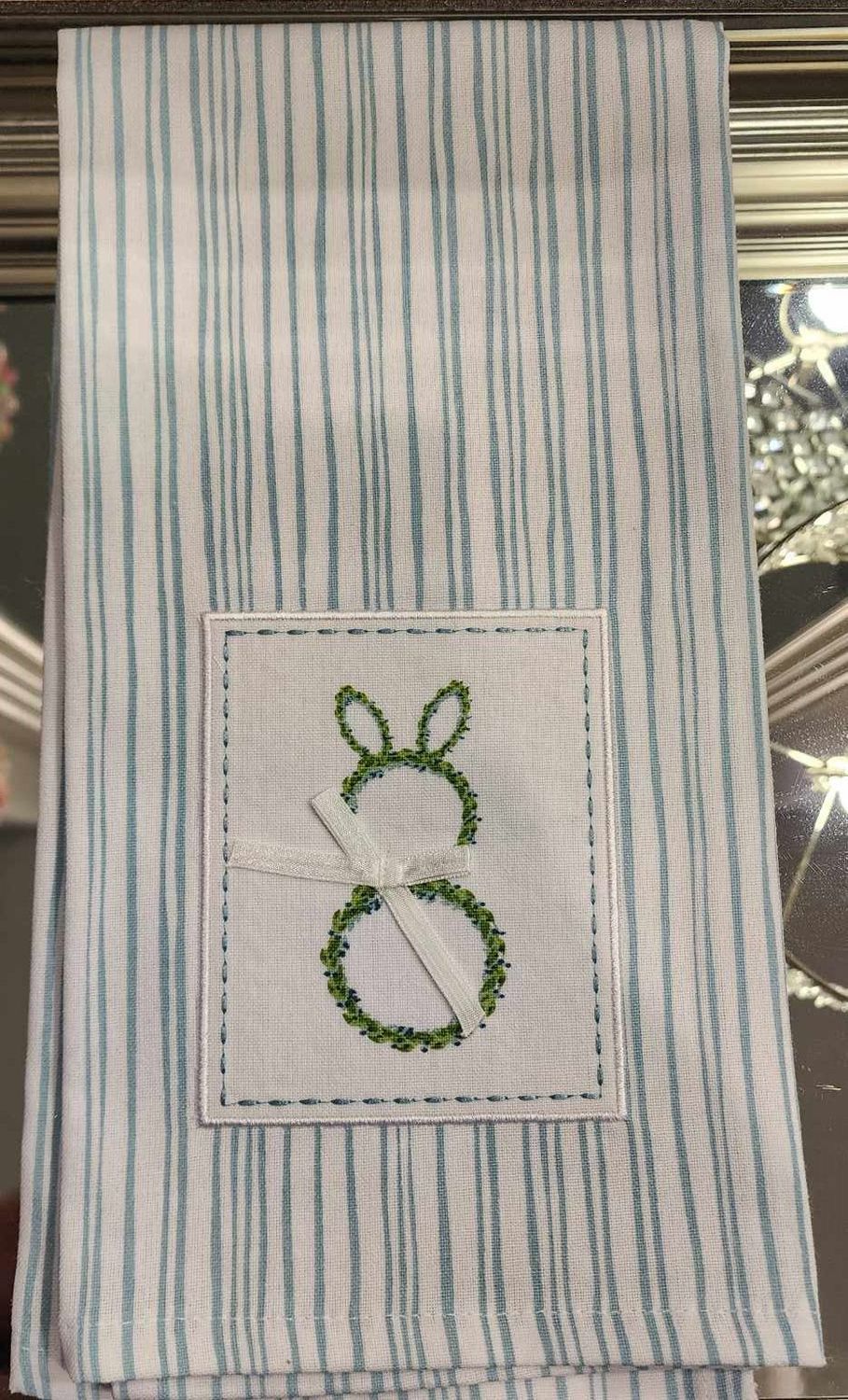 Box Wood Bunny Light Blue Stripe Almond Hand Towel Kitchen Accents Easter Decor