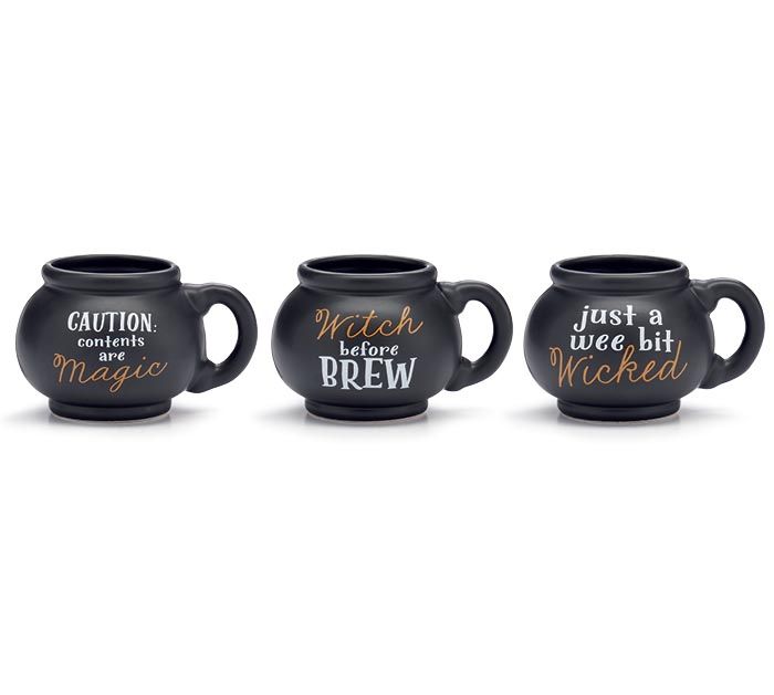 BLACK CAULDRON SHAPE MESSAGE MUGS SET OF 3 Halloween Decor  *SHIPS WITHIN 15 DAYS* NEW 2024