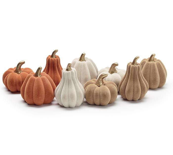 3&quot; SMALL HARVEST FLOCKED PUMPKINS SET OF 9 Halloween Decor  *SHIPS WITHIN 10 DAYS* NEW 2024
