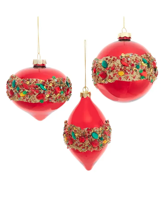 PRE-ORDER SHIPS 9/2024 Glass Shiny Red With Embellishments Ball, Onion &amp; Drop Ornaments Set of 3 Christmas Decor