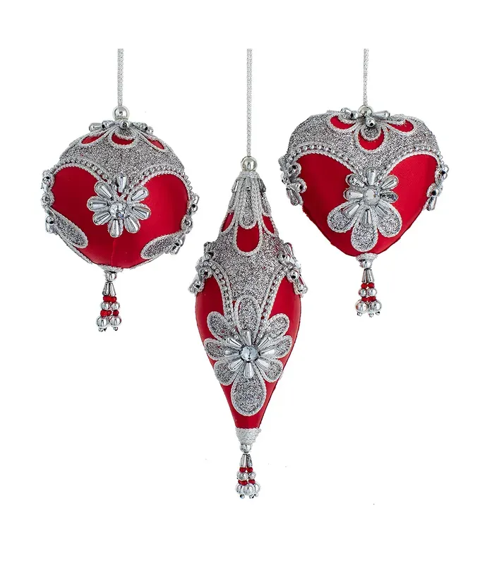 Red &amp; Silver Drop, Ball, Heart Ornaments, Set Of 3 Christmas Decor *SHIPS WITHIN 10 DAYS* NEW 2024