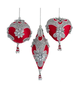 Red &amp; Silver Drop, Ball, Heart Ornaments, Set Of 3 Christmas Decor *SHIPS WITHIN 10 DAYS* NEW 2024