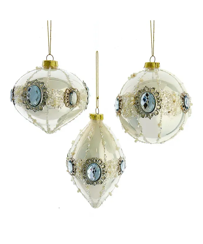Glass Pearl White Ball, Drop &amp; Onion Ornaments Set Of 3 Christmas Decor