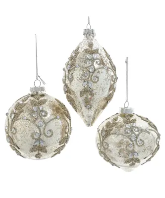 *PRE-ORDER SHIPS 9/2024* Mercury Glass Ball, Drop &amp; Onion With Gemstones Ornaments Set Of 3 Christmas Decor