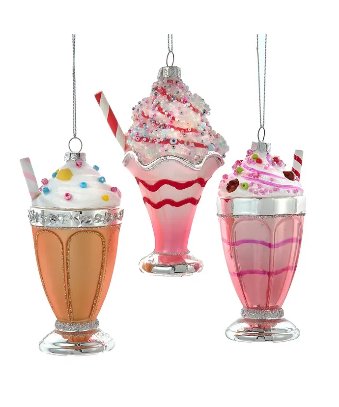 PRE-ORDER SHIPS 8/2024 Glass Ice Cream Soda Float With Straw Ornaments Set Of 3 Christmas Decor