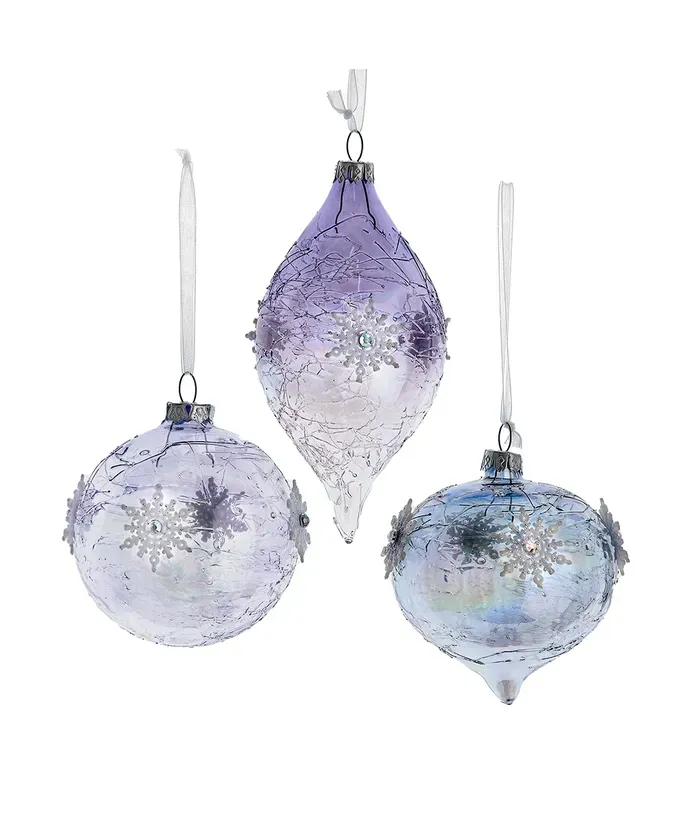 PRE-ORDER SHIPS 9/2024 Glass Lavender, Blue &amp; Clear Iridescent Onion, Ball &amp; Finial Ornaments Set Of 3 Christmas Decor