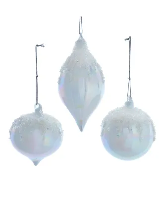 *PRE-ORDER SHIPS 9/2024* Glass White Glitter Ball, Onion &amp; Finial Ornaments Set Of 3 Christmas Decor