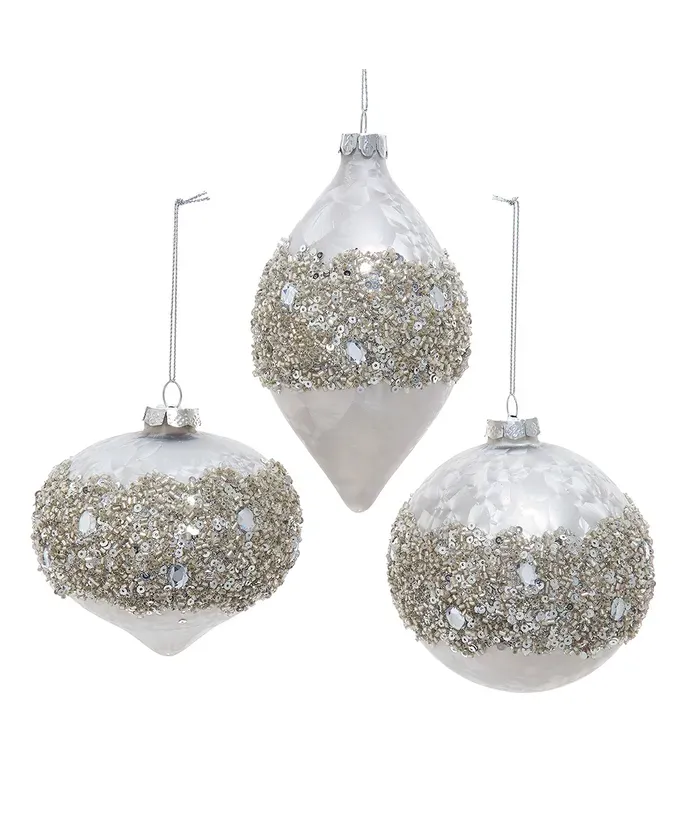 *PRE-ORDER SHIPS 9/2024* Glass Taupe Ball, Drop &amp; Onion With Glittered Band Ornaments Set Of 3 Christmas Decor