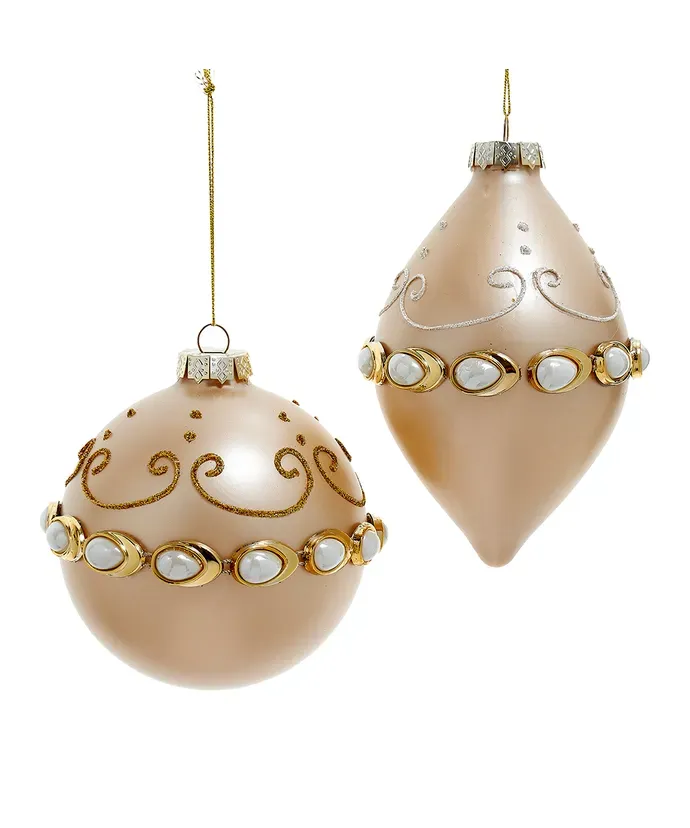 *PRE-ORDER SHIPS 9/2024* Glass Taupe Ball &amp; Finial With Pearl Ornaments Set Of 2 Christmas Decor