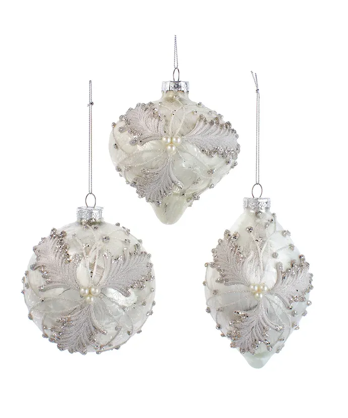 *PRE-ORDER SHIPS 9/2024* Glass Silver and White Frosted Holly Ball, Drop &amp; Finial Ornaments Set Of 3 Christmas Decor