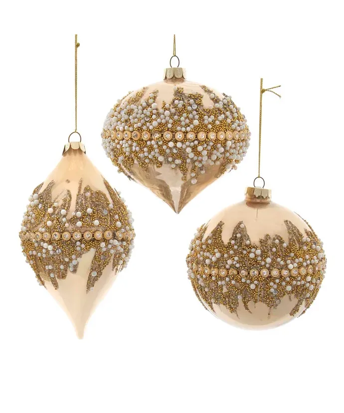 Glass Gold Jeweled Ball, Onion and Kismet Ornaments Set Of 3 Christmas Decor