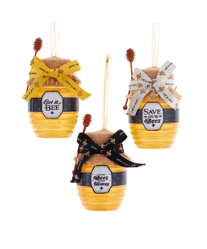 *PRE-ORDER SHIPS 9/2024* Glass Yellow and Black Honey Jar With Bow Ornaments Set Of 3 Christmas Decor